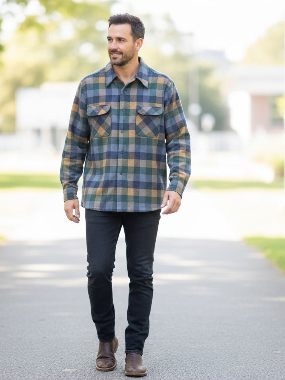 Pendleton Green Tan Blue Plaid Wool Shirt